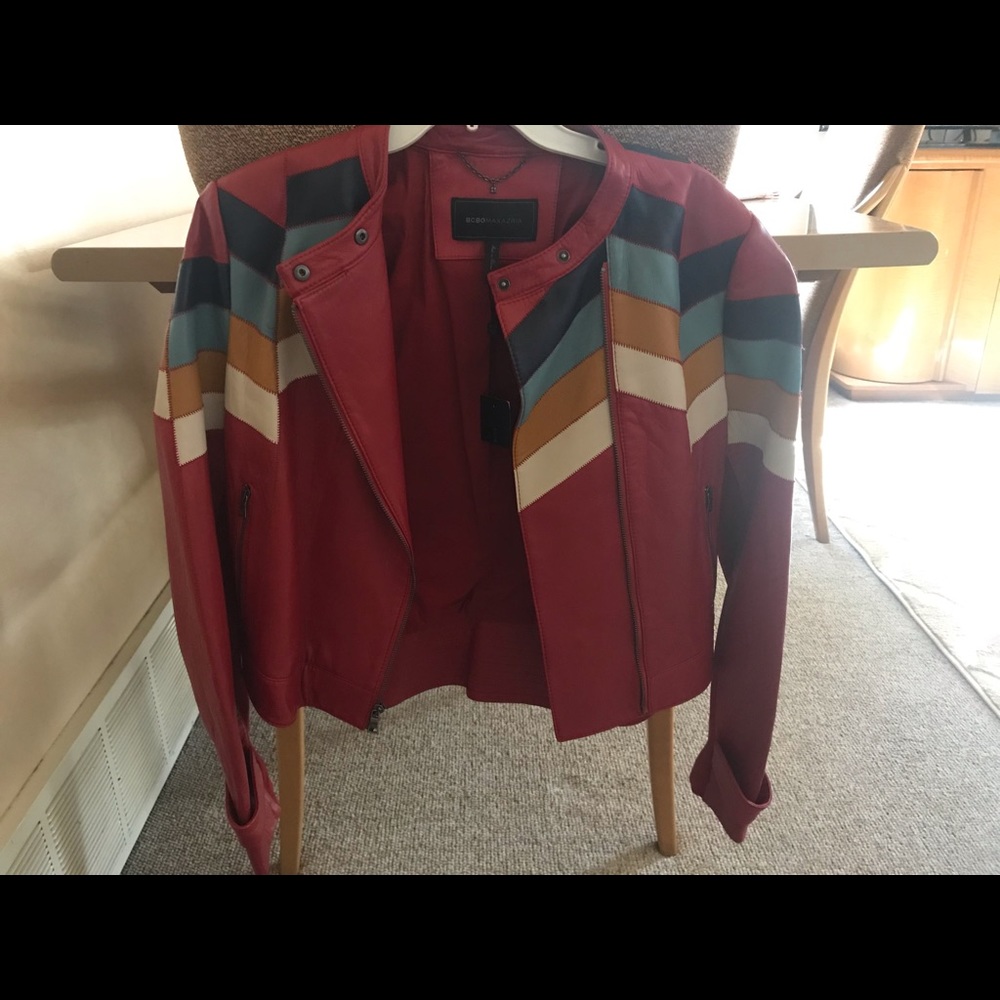 BCBG Red Moto Leather Jacket Size L